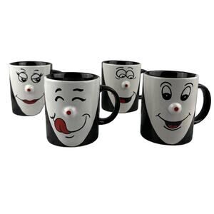 Vintage Funny Face 3D Red Nose Coffee Mug Cup Set of 4 Black White